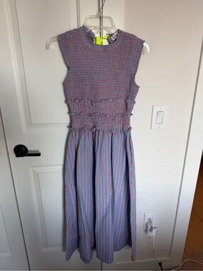 Hunter Bell Blue and Pink Smocked Midi Dress